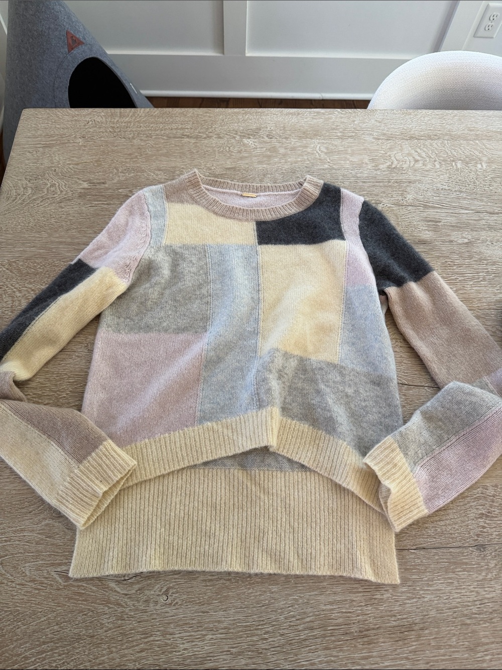 Adam Lippes Pastel Patchwork Crewneck Sweater in Cream, Pink & Gray